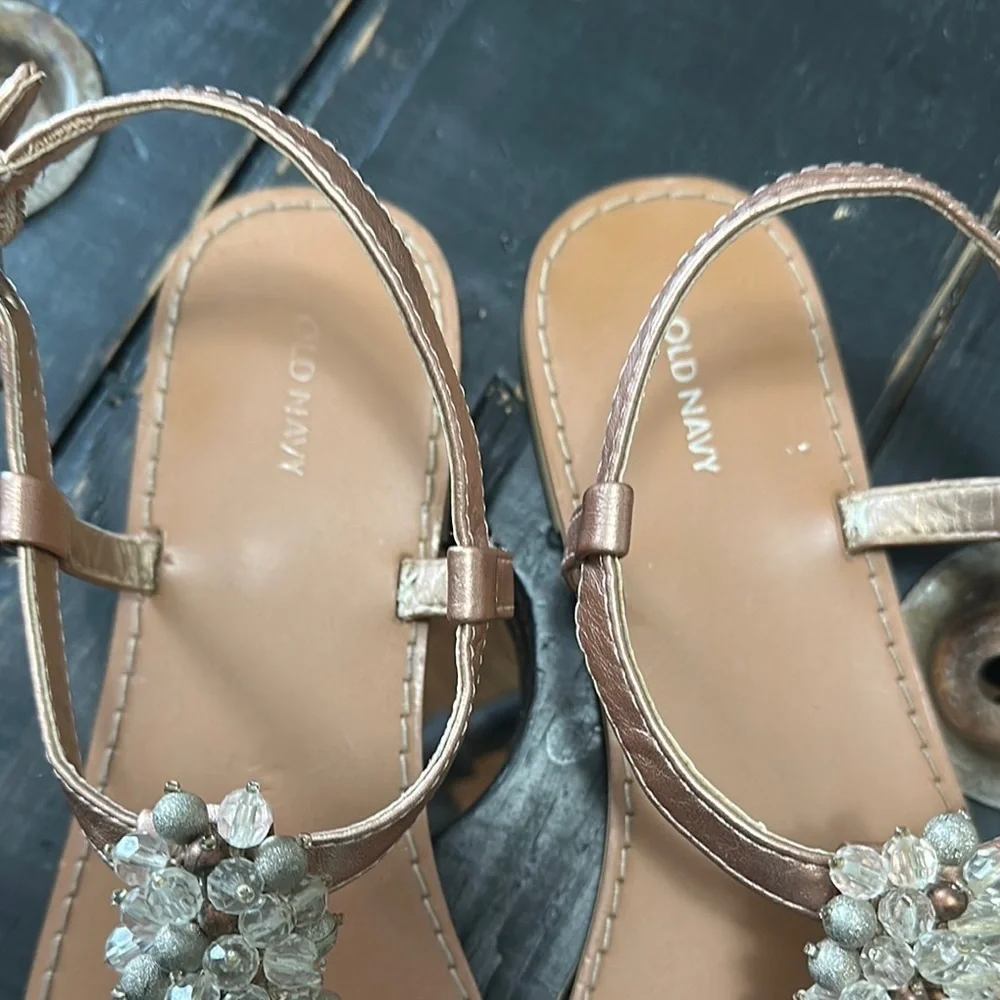 OLD NAVY Elegant Crystal Embellished Rose Gold Faux Leather T-Strap Sandals
